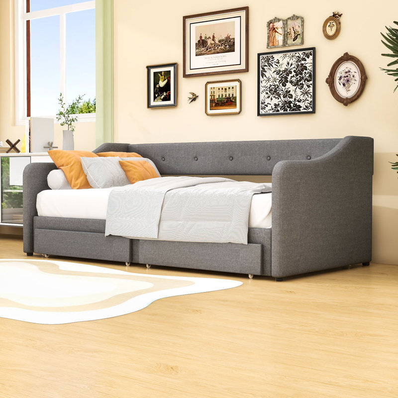 Expandable Twin XL to King Upholstered Daybed with Tuft Backrest and 2 Storage Drawers, Gray
