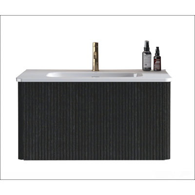 30" Striped Brushed Black Oak Floating Bathroom Vanity with White Ceramic Sink, Bathroom Vanity for Modern Bathroom, One-Piece White Basin without Drain, Pre-assembled