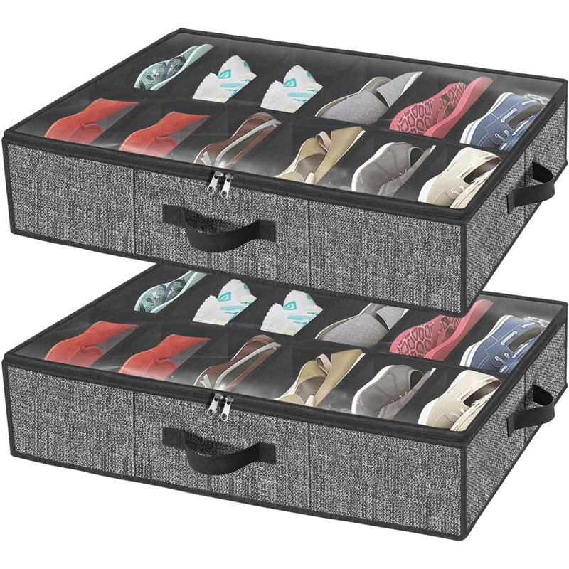 Organisateur de rangement de chaussures sous le lit pour placard pouvant accueillir 24 paires de bacs de rangement de chaussures robustes sous le lit, ensemble de 2 (noir semblable au lin)