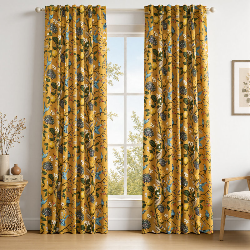 Fancy Hummingbird Patterned  Room Darkening Curtain,Rod Pocket Back Tab Floral Drapes,Set of 2, 52" W x 96" L, Mustard Yellow