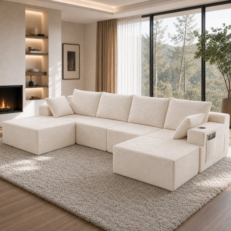 Canapé surdimensionné de 131 po sans os avec 2 repose-pieds, canapé modulaire en U confortable pour le salon, canapé Cloud avec porte-gobelets et poches latérales, sans assemblage