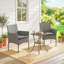 3 Piece Grey Rattan Bistro Set with 2 Cushioned Chairs and 2-Tier Glass Top Coffee Table, Garden Balcony Furniture with Steel Frame