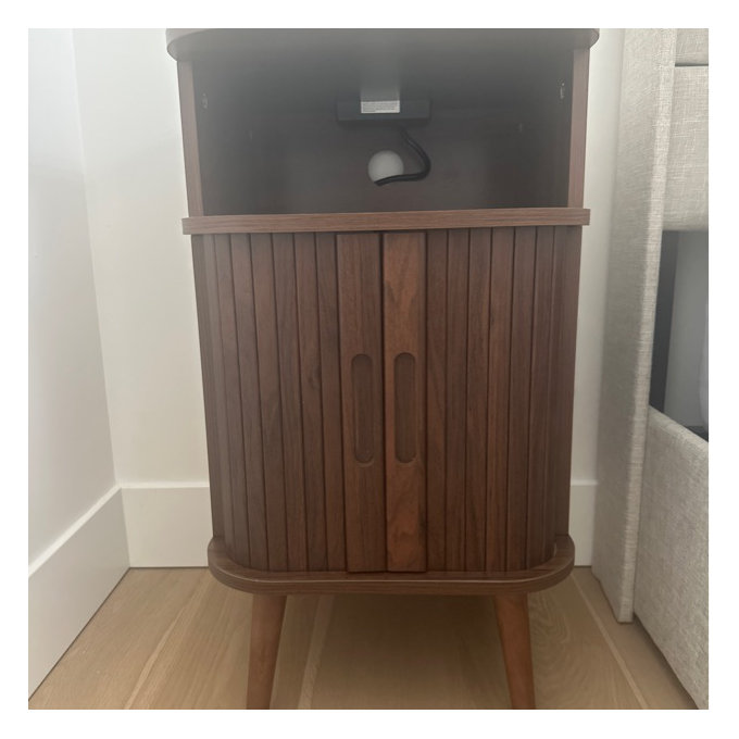 Wood Nightstands Set With Charging Station, Mid Century Modern End Side Table With Sliding Doors, Fluted Bedside Table, Walnut/Natural Oak (Set of 2) - Brown, Set of 2