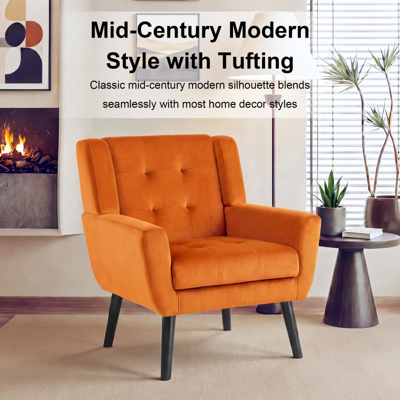 Tufted Upholstered Wide Back Armchair（Set of 2）, Orange Velvet