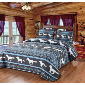 Pondering Trail White Horse Silhouette Southwestern Geometric 3-Piece Decorative Quilt Bedding Set