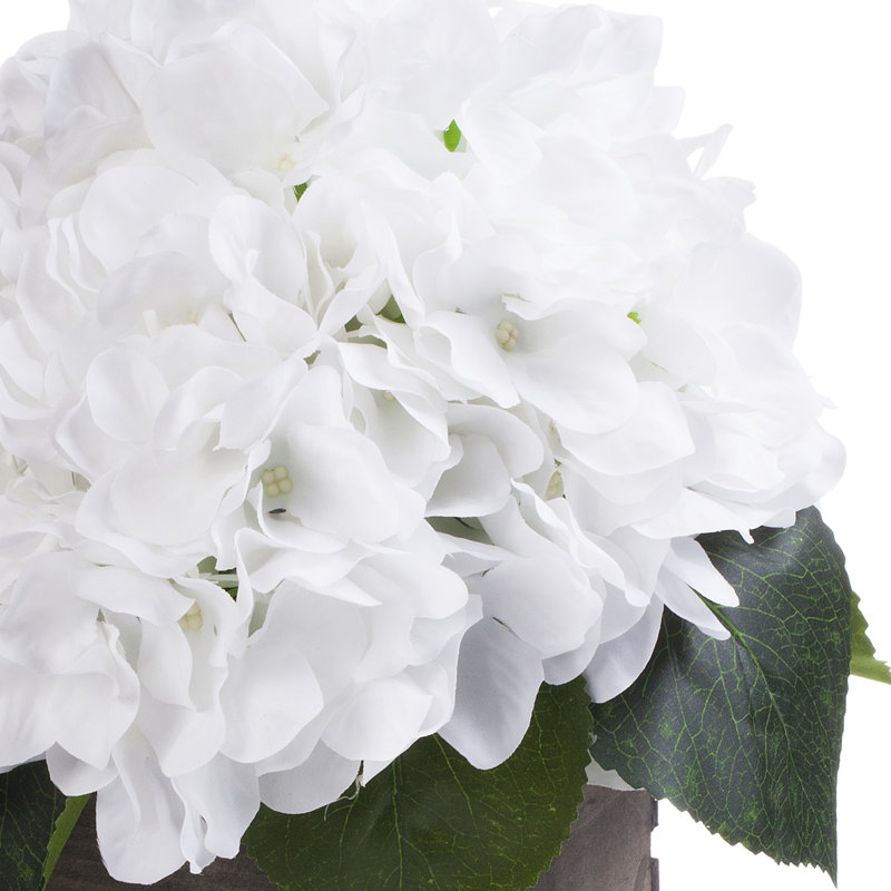 Agencements de fleurs en soie hortensia et de pots de fleurs en bois, Blanc