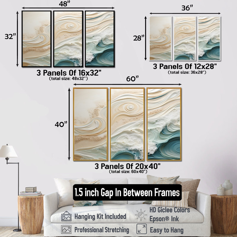 Bleu moderne et beige sable, vue aérienne IV - plage, plage, sable, ensemble d'art sur toile, H 40 po x l 60 po x P 1 po