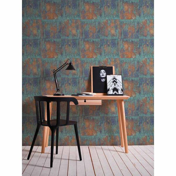 Rouleau de papier peint texturé L 21 pi, Bleu / bronze / brun / cuivre / turquoise métalli