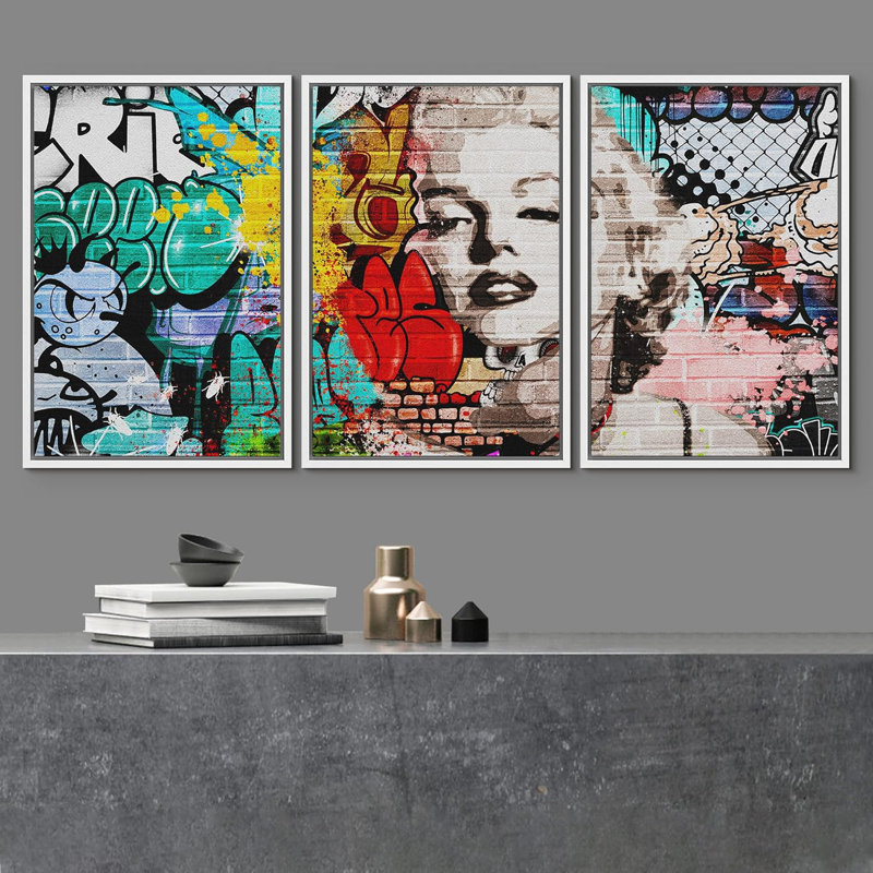 Urban High Contrast Marilyn Monroe Portrait Graffiti & Street Art People Pop Art coloré 3 pièces, H 24 po x l 48 po, Blanc