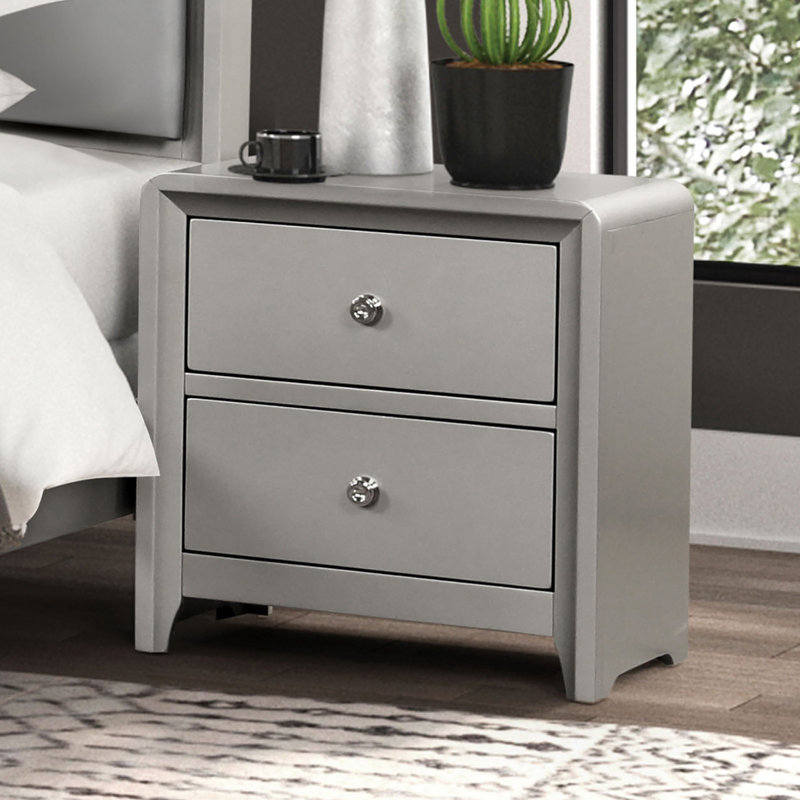 Table de chevet Broy, 2 tiroirs, boutons en cristal, bois gris champagne 25 po
