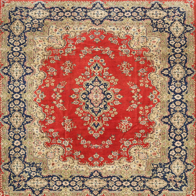 Tapis traditionnel rouge / bleu, Carré 8 pi