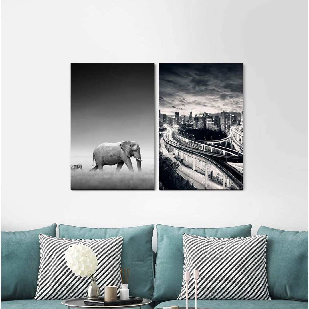 2-tlg. Leinwandbilder-Set - Fotografie „Elephant Zebra Black White Contrast Skyline Big City”