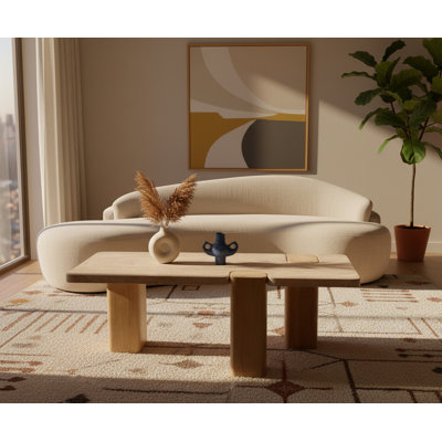 Table basse Kennedy en véritable travertin et bois de chêne