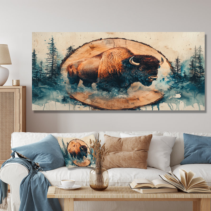 «Bison In Wood Slide Forest Landscape - Bison», impression sur toile, H 28 po x l 60 po
