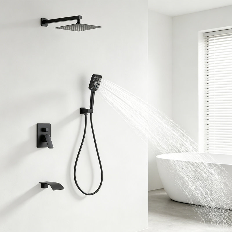 10-inch Square Rain Shower System With 3-function Handheld Shower And 4.72" Waterfall Tub Spout, Matte Black