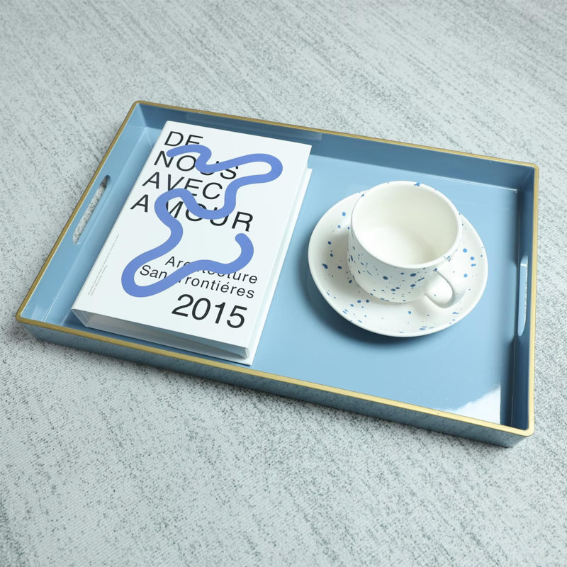 Elegant Blue and Gold Acrylic Serving Tray with Handles
