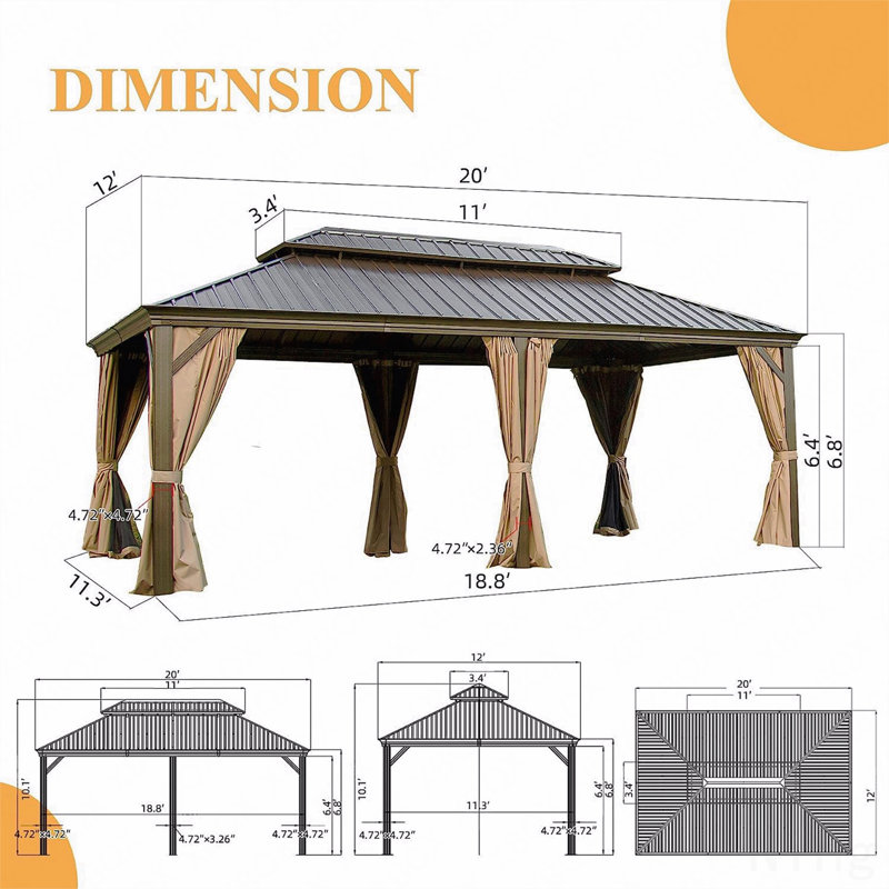 Moustiquaire 12X20FT en aluminium, moustiquaire pour l'extérieur avec double toit en acier galvanisé (brun), Gris
