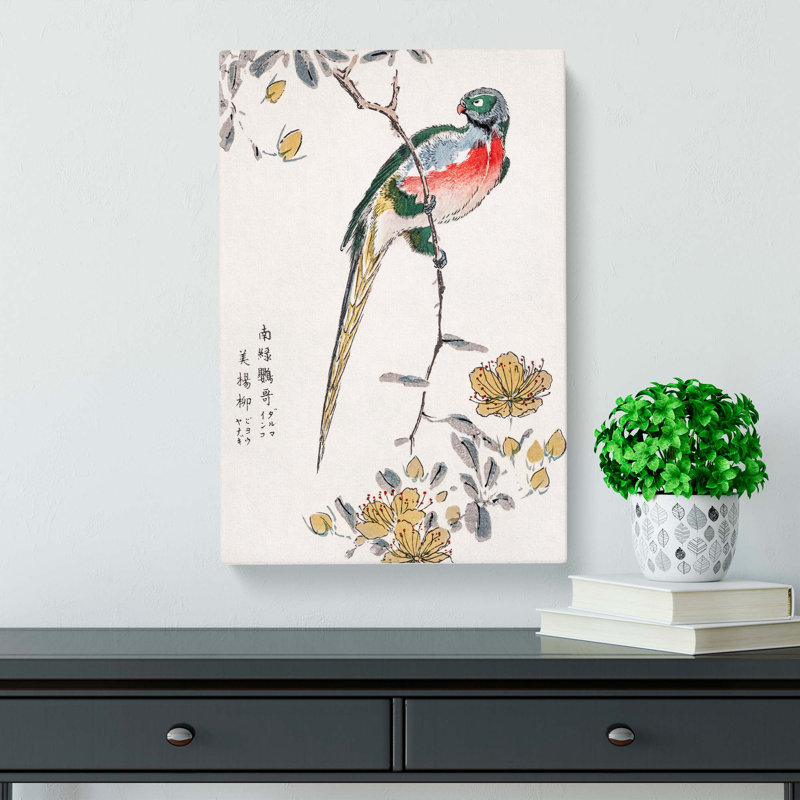 Macaw And Drooping Peach by Numata Kashu - Wrapped Canvas Painting, 50cm H x 35cm W x 3cm D