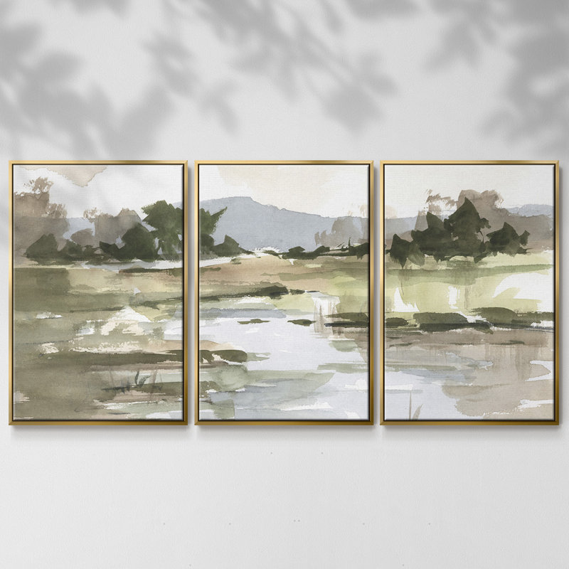 Autumn Stream I, reproduction sur toile 3 pièces, H 40 po x l 78 po x P 2 po, Or