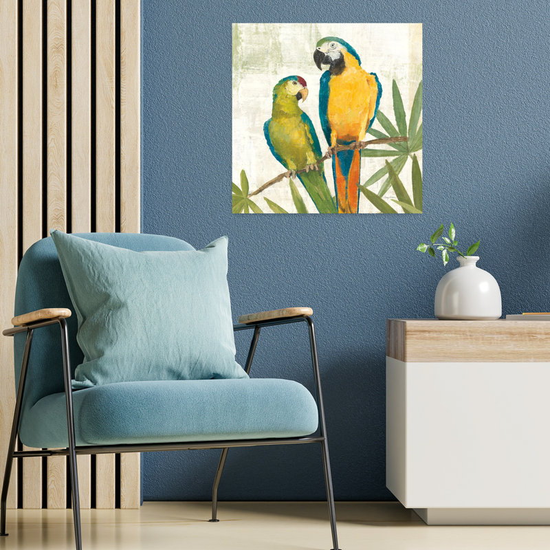 Oiseaux d'une plume carrée II, palmier, art tropical, H 18 po x l 18 po