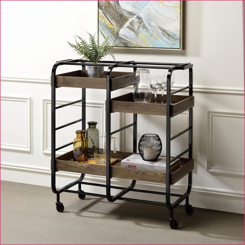 Serving Cart with 3 Adjustable Trays, Black &amp; Walnut | Kitchen Carts | Rectangular, Black/Brown