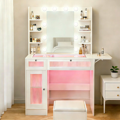 All-In-One Makeup Vanity With Lights & Outlet & See-Through Desktop