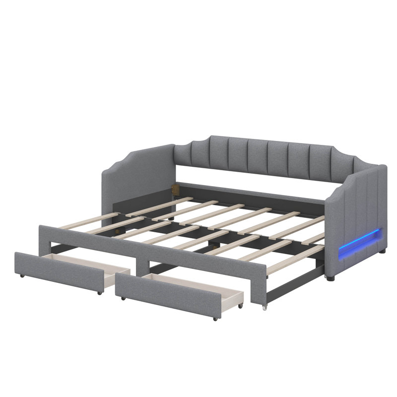 Twin XL Upholstered Daybed With Dual Storage & LED, Solid Wood Expandable Bed With Ergonomic Backrest, Convertible Twin XL To King