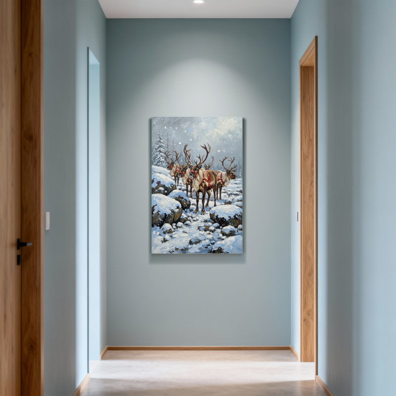 Animaux, renne dans un paysage d'hiver enneigé, H 24 po x l 16 po