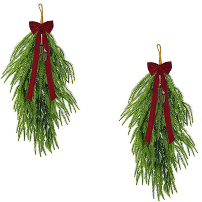 2 Pack Artificial Christmas Teardrop Swags,28" Faux Pine Needles Teardrop Door Swag, Christmas Norfolk Greenery Teardrop Wreath for Xmas Holiday Door Table Mantle Fireplace Indoor Outdoor Decor