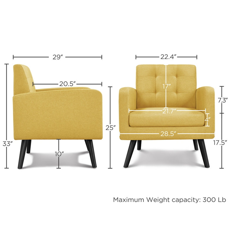 Brandalyn Mid Century Fabric Arm Chair Tufted with Rubber Wooden Leg, Yellow Polyester Blend