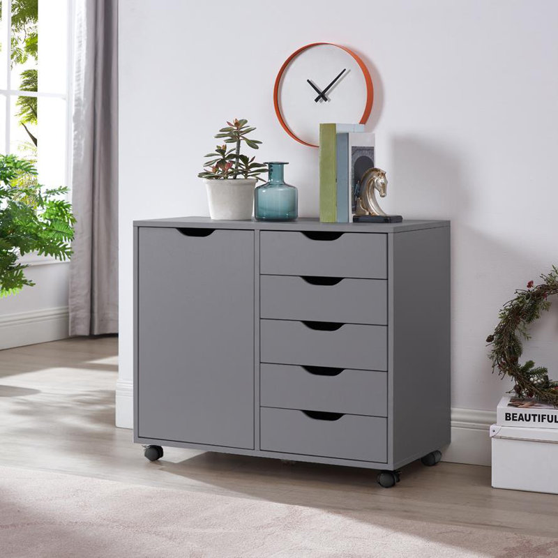 Gray Medium Wood 5-Drawer Mobile Lateral File Cabinet