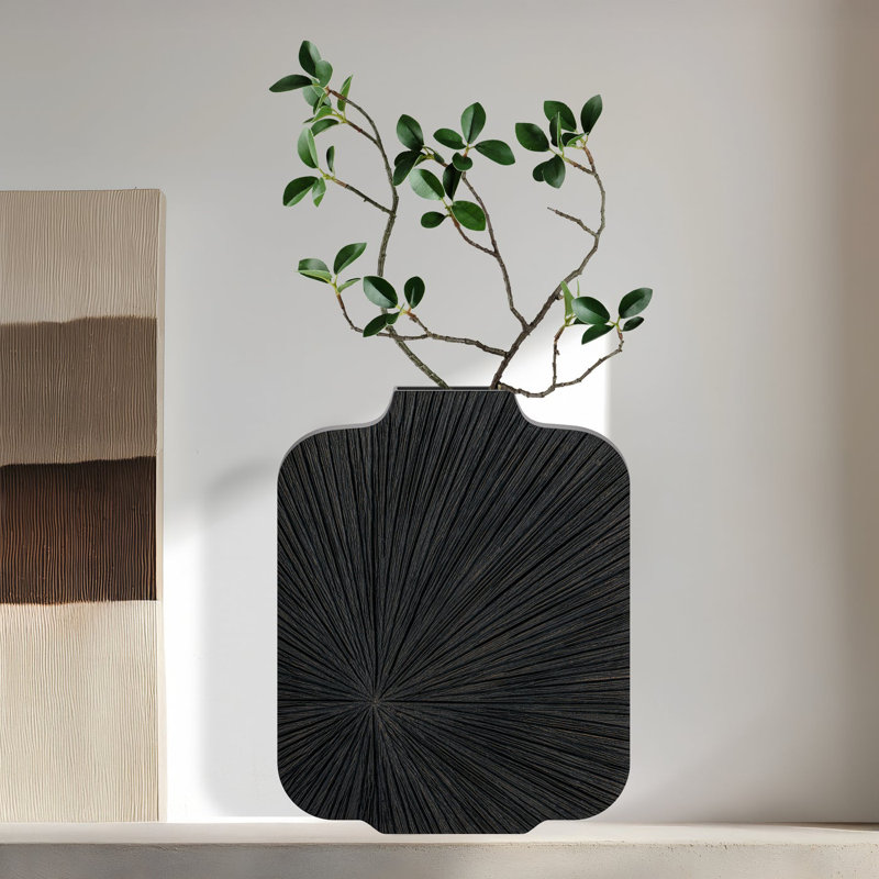 Radiant Carve 12" Matte Black Textured Black Table Vase, 12"H x 9.5"W x 1.75"D
