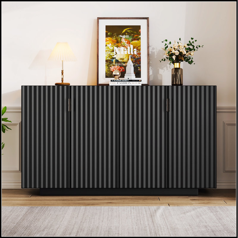Buffet avec rangement, buffet avec amplement d'espace de rangement, crédence à 4 portes cannelées avec tablettes réglables pour la salle à manger et le salon (NOIR)