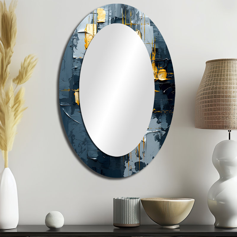 Dialogue With Hope Abstraction On Retro Blue I - Modern Oval Wall Mirror, 36" x 24"