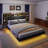 Floating Bed Frame With LED Light And Bookcase Storage Headboard