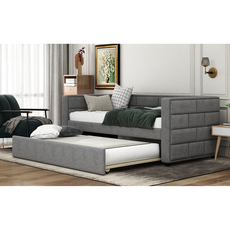 Gray Twin Daybed With Trundle, Upholstered Padded Base Support Frame, For Bedroom Trundle In Gray, Soft Back