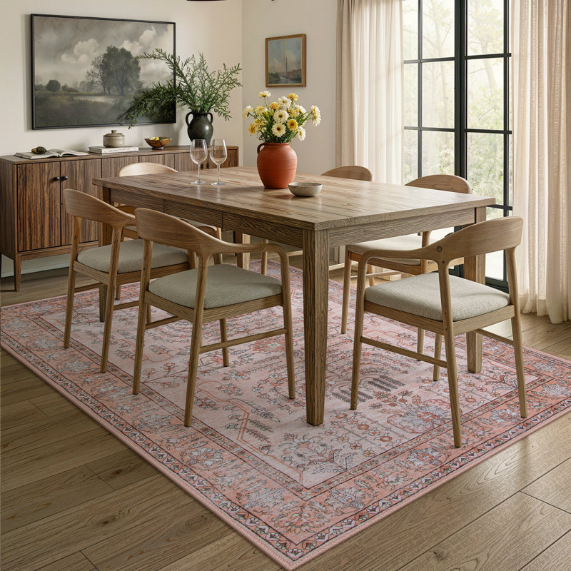 Tapis à motif floral lavable rose Kaldi, Rectangle 5 pi x 7 pi