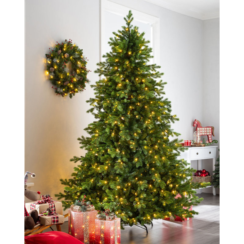 Pre-Lit Balsam Green Fir Artificial Christmas Tree White Lights with Stand, 7ft H x 4.5ft W x 4.5ft D