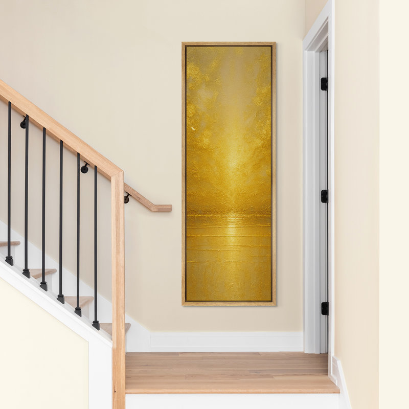 Radiant Gold Light Over Peaceful Waterline Vertical Wall Art - Large Framed Canvas Master Bedroom Wall Art Print, Natural