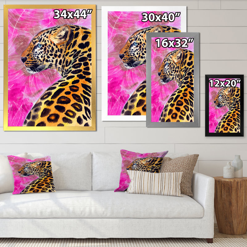 Léopard doré avec taches noires sur fond rose - reproduction sur toile, H 20 po x l 12 po, Impression encadrée, Noir