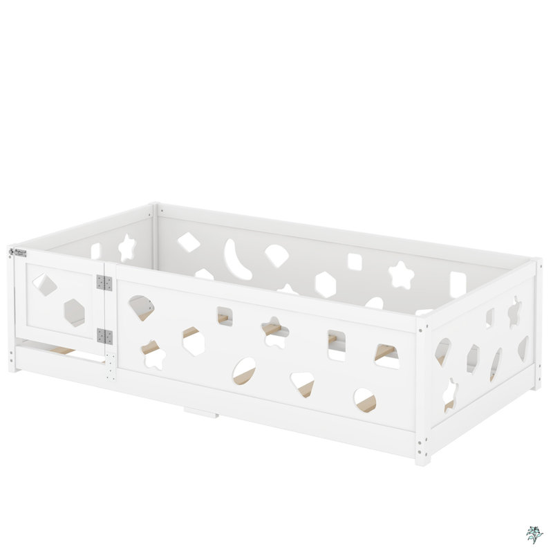 Floor Bed With Heightened Safety Guardrails And Door, Solid Wood Bedframe With Rails, Twin