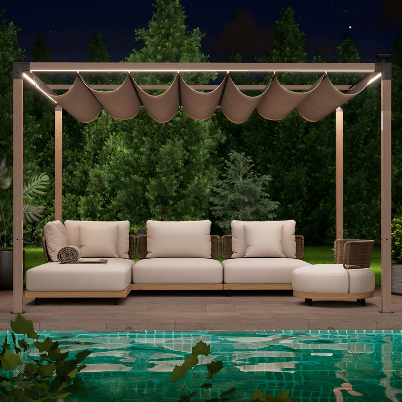Oasisphere Retractable Pergola With Led Lights, 10x12 Ft Aluminum Outdoor Canopy, Modern Patio Sun Shade