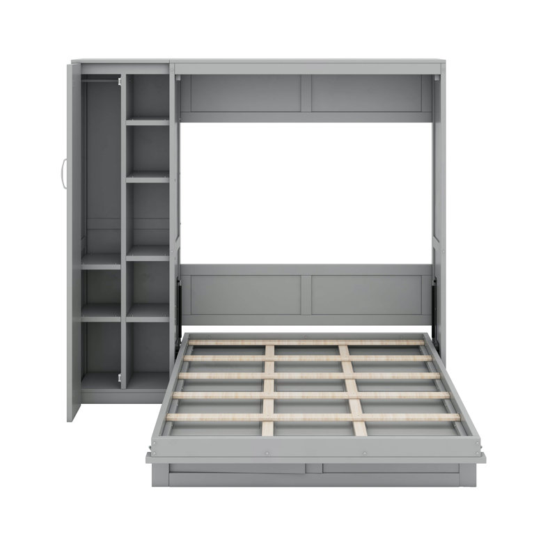 Lit escamotable double avec tablettes, garde-robe et DEL, Gris