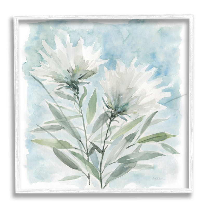 Abstrait, aquarelle, fleurs, pétales blancs, ciel bleu, par Carol Robinson, Giclée encadrée blanc bord de mer