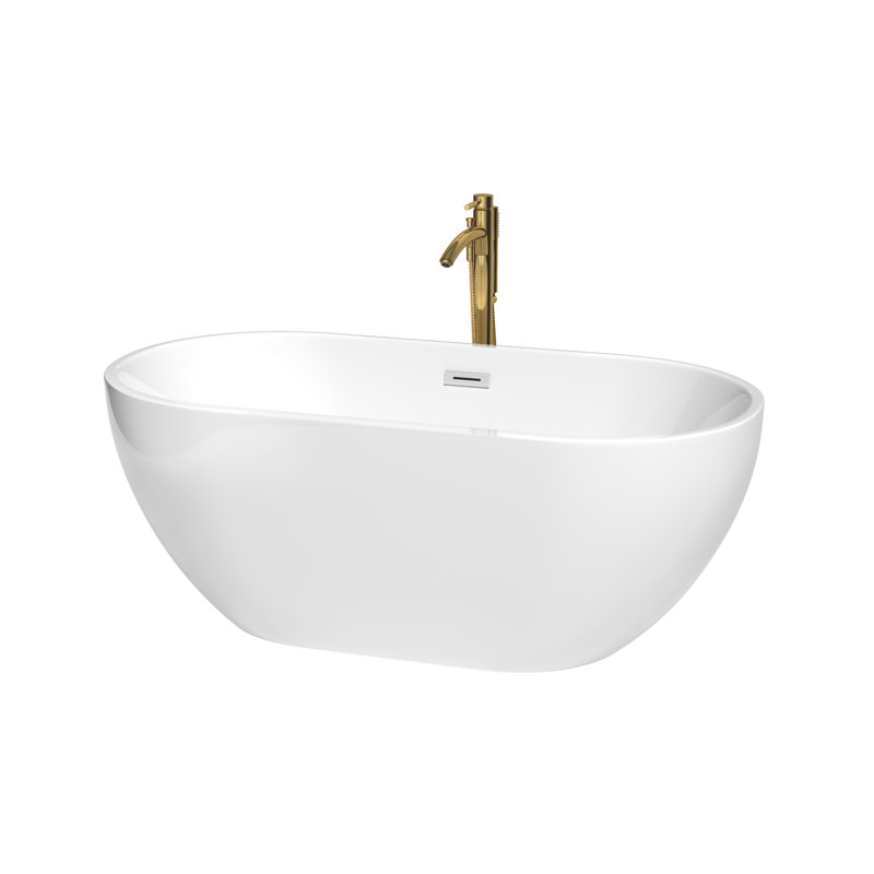 Brooklyn 60'' x 30'' Freestanding Soaking Acrylic Bathtub with Faucet, White/Polished Chrome/Brushed Gold