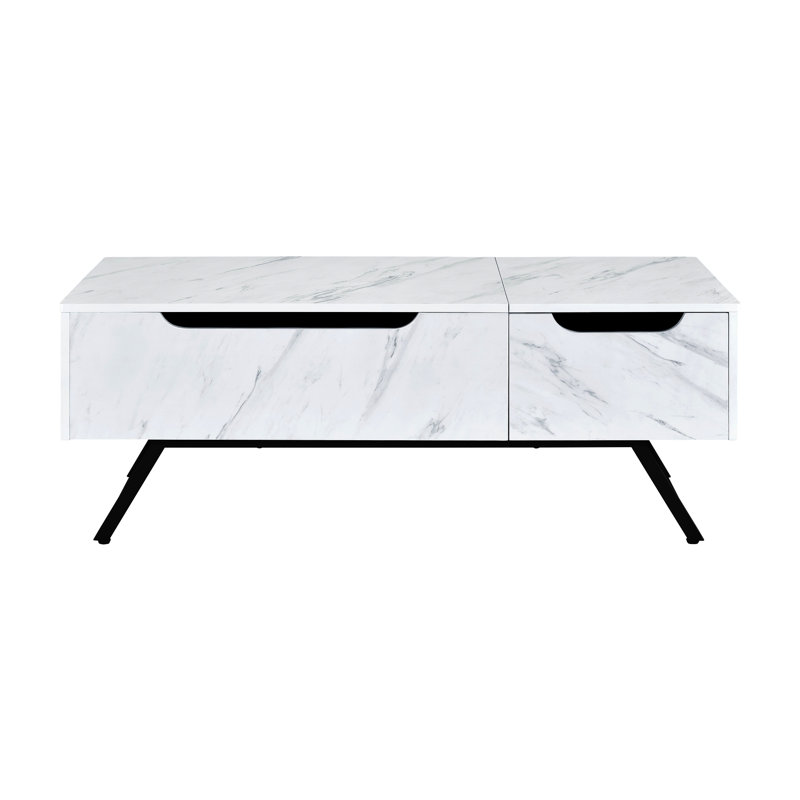 Table basse rectangulaire blanche à grain de marbre blanc avec plateau relevable et tiroir à fermeture manuelle, profondeur de 23 po, système de glissières latérales en métal