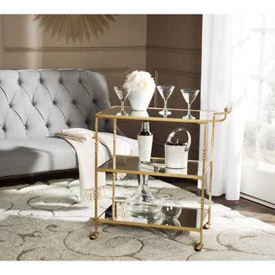 Élégant chariot-bar avec 3 tablettes en miroir, cadre en fer à roulettes H 33,6 po pour la maison, le bar et la cuisine