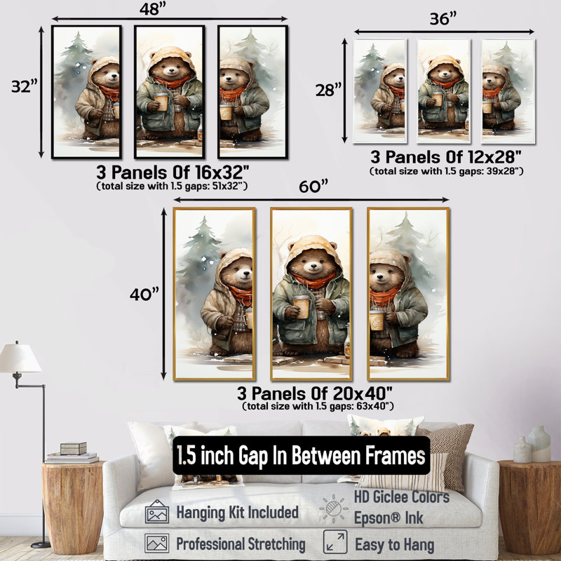 Ours en peluche hivernal en peluche I - art mural de l'ours en peluche, H 28 po x l 36 po, Cadre flottant noir