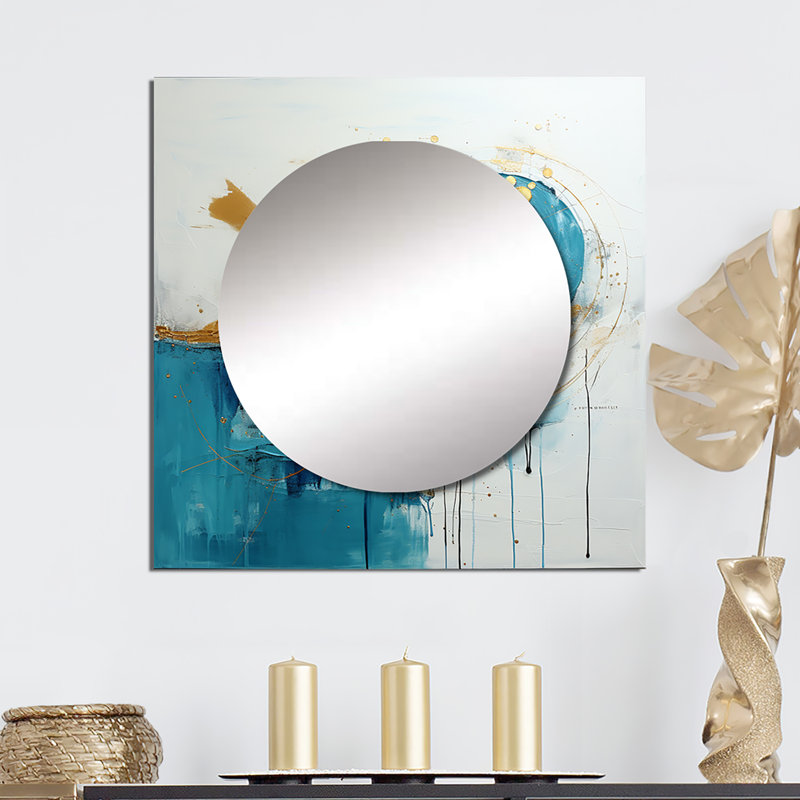Décoration murale sarcelle circulaire à sensibilité dorée II - miroir carré abstrait pour chambre à coucher, 36 po x 36 po