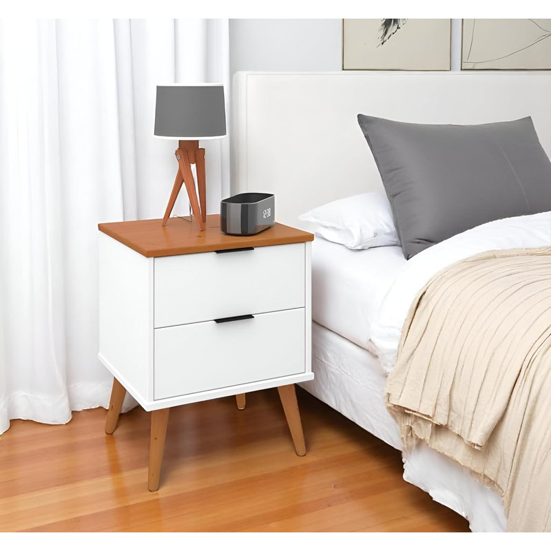 Alice Nightstand 2 Drawer with Solid Wood - Add a touch of charm and elegance to your space, White/Brown